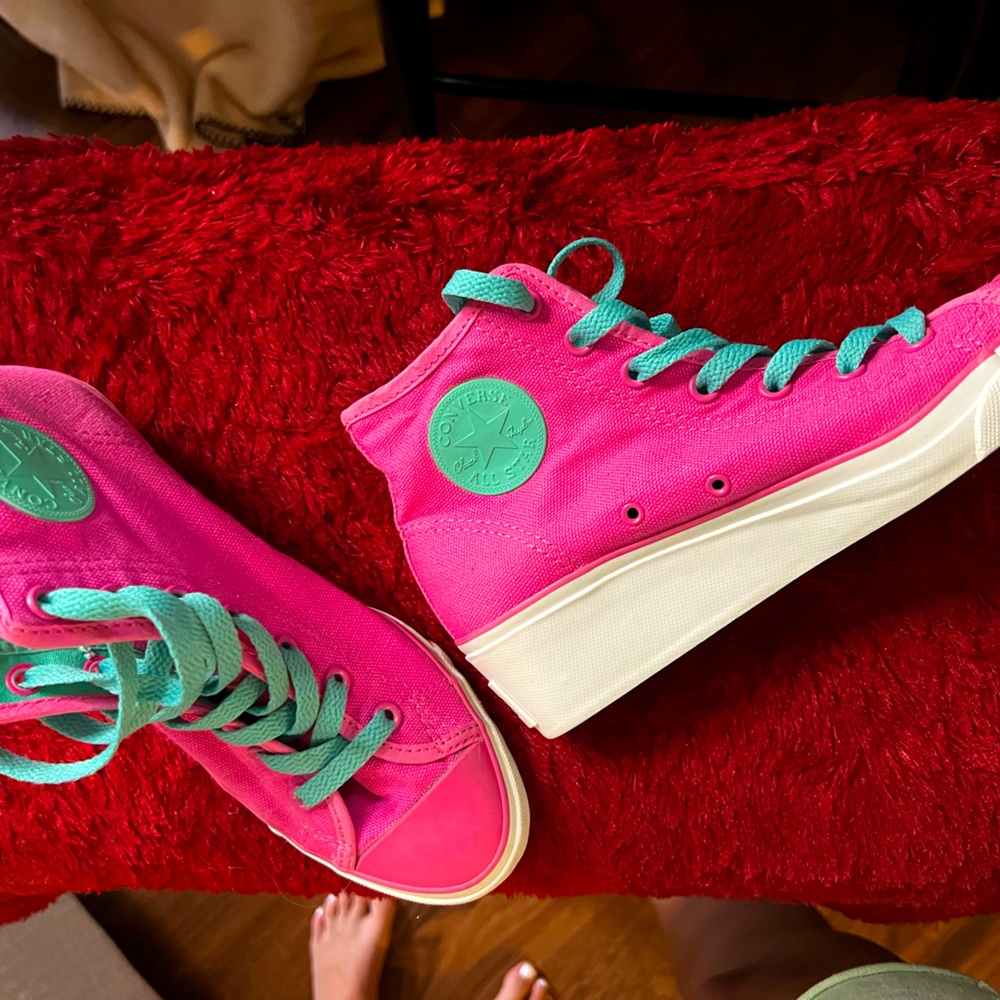 Pink and teal wedge Chuck Taylor wedges